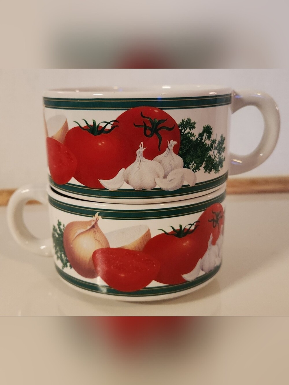 Vintage Hickory Farms Ceramic Soup Mugs Cups Vegetables Tomatoes Set of 2 Retro
